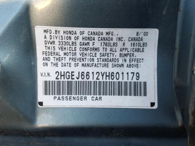 2HGEJ6612YH601179 - 2000 HONDA CIVIC BASE GREEN photo 10