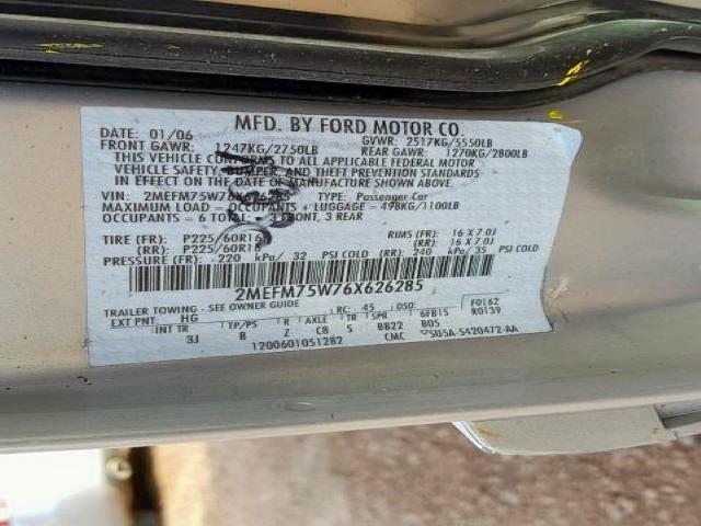 2MEFM75W76X626285 - 2006 MERCURY GRAND MARQ SILVER photo 10