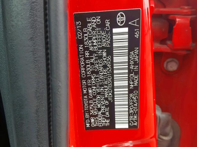 JTDKDTB3XD1534936 - 2013 TOYOTA PRIUS C RED photo 10