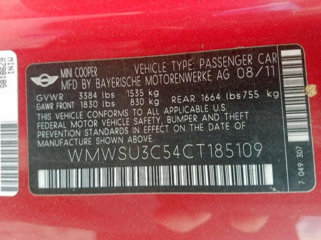 WMWSU3C54CT185109 - 2012 MINI COOPER RED photo 10