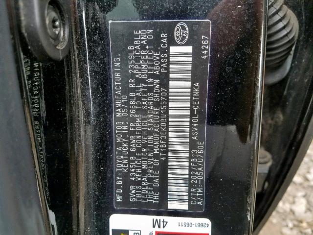 4T1BF3EK0BU155707 - 2011 TOYOTA CAMRY BASE BLACK photo 10