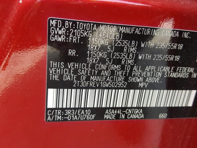 2T3DFREV1GW502952 - 2016 TOYOTA RAV4 LIMIT RED photo 10