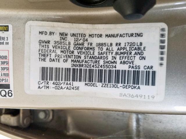 1NXBR32E45Z455034 - 2005 TOYOTA COROLLA SE GOLD photo 10