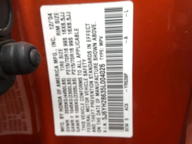 5J6YH28635L004026 - 2005 HONDA ELEMENT EX ORANGE photo 10