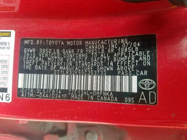 2T1LR32E55C353733 - 2005 TOYOTA COROLLA MA RED photo 10