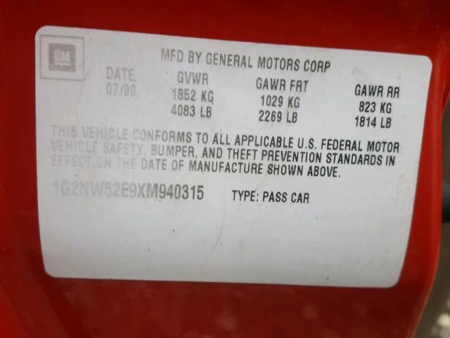 1G2NW52E9XM940315 - 1999 PONTIAC GRAND AM G GRAY photo 10