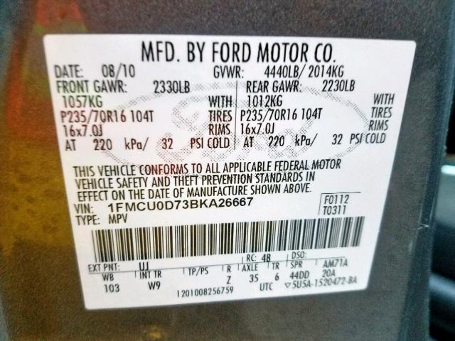 1FMCU0D73BKA26667 - 2011 FORD ESCAPE XLT GRAY photo 10