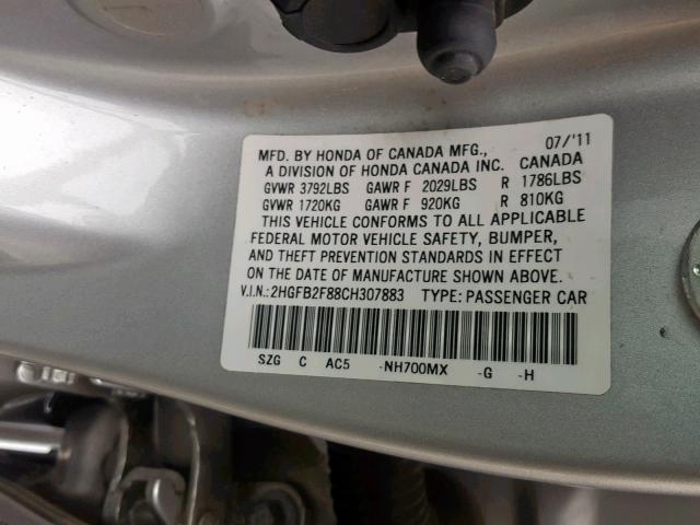 2HGFB2F88CH307883 - 2012 HONDA CIVIC EX SILVER photo 10