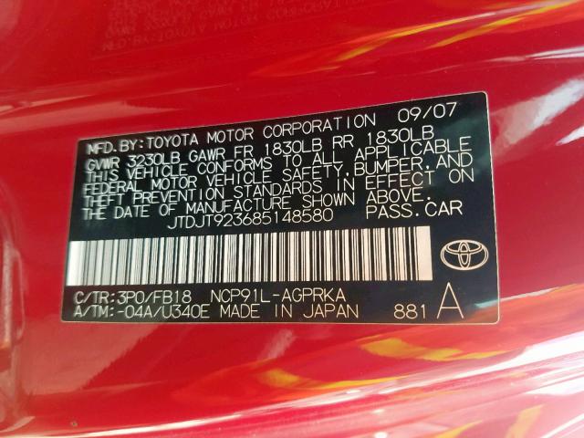 JTDJT923685148580 - 2008 TOYOTA YARIS RED photo 10