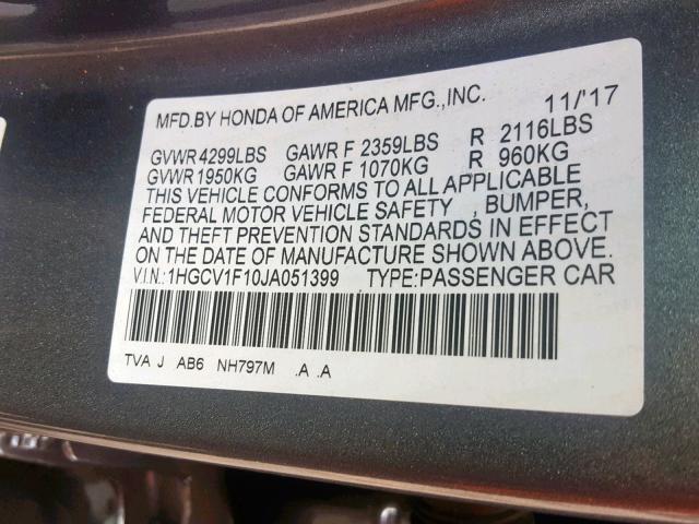 1HGCV1F10JA051399 - 2018 HONDA ACCORD LX GRAY photo 10