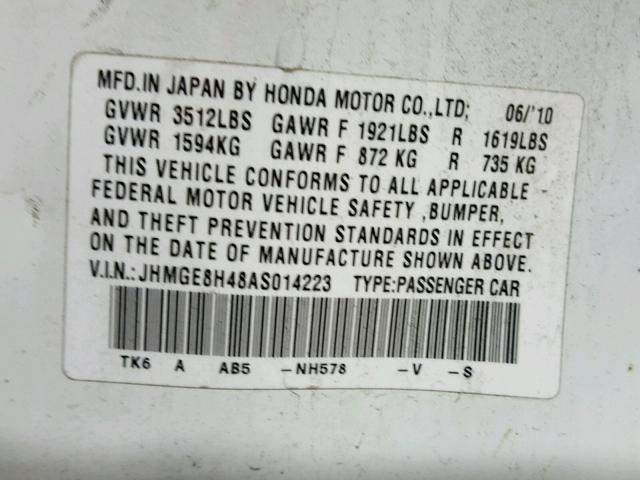 JHMGE8H48AS014223 - 2010 HONDA FIT SPORT WHITE photo 10