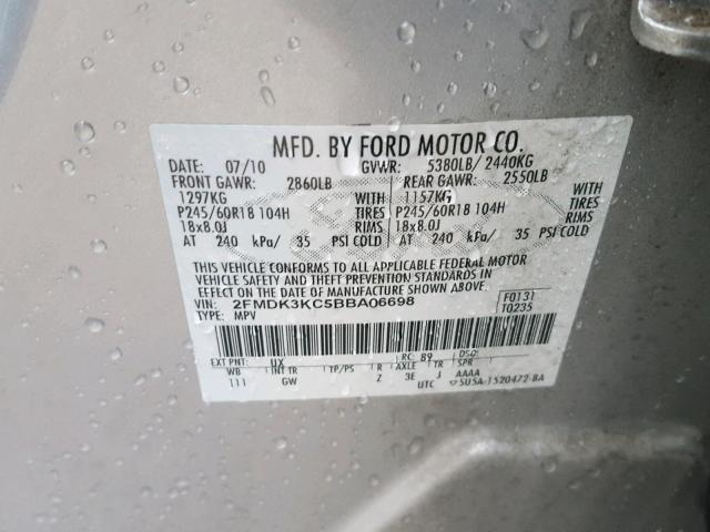 2FMDK3KC5BBA06698 - 2011 FORD EDGE LIMIT SILVER photo 10