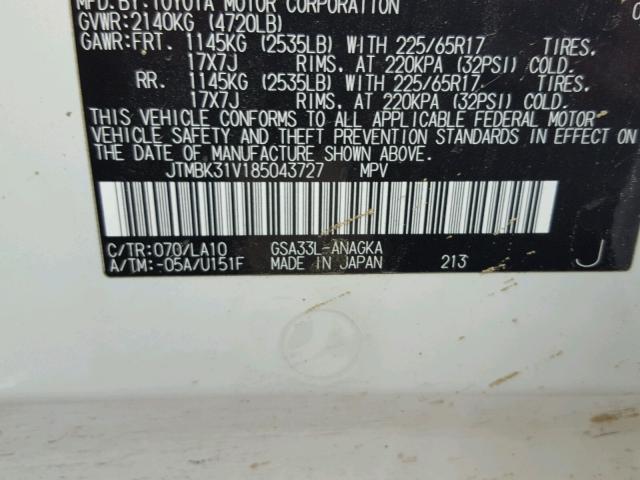 JTMBK31V185043727 - 2008 TOYOTA RAV4 LIMIT WHITE photo 10