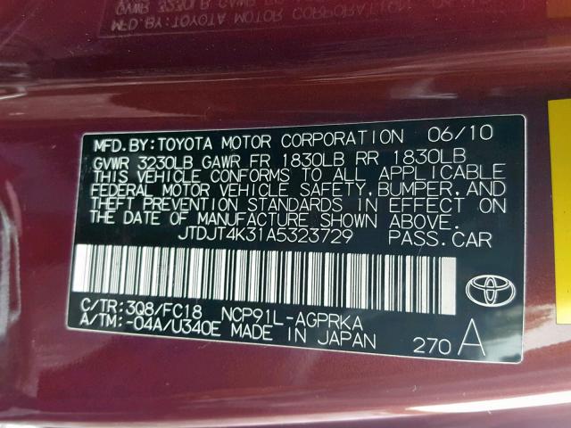 JTDJT4K31A5323729 - 2010 TOYOTA YARIS BURGUNDY photo 10