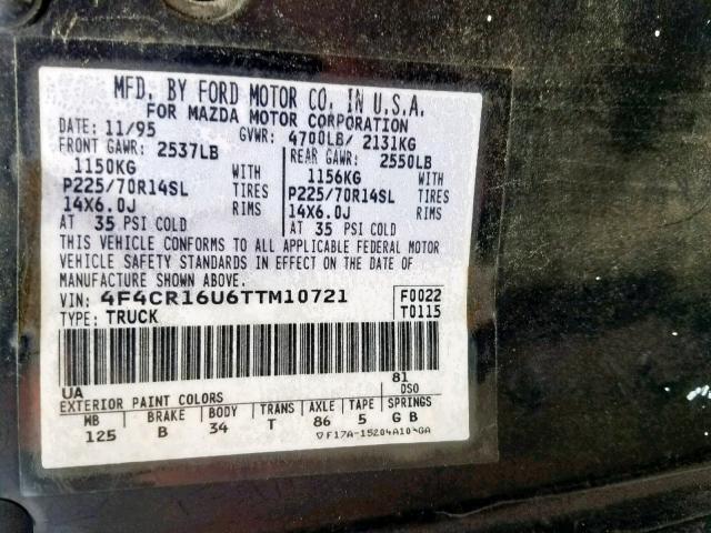 4F4CR16U6TTM10721 - 1996 MAZDA B3000 CAB BLACK photo 10