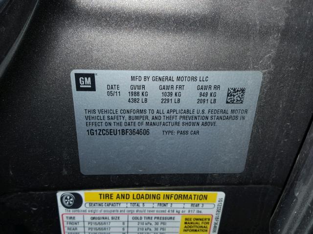 1G1ZC5EU1BF364606 - 2011 CHEVROLET MALIBU 1LT GRAY photo 10