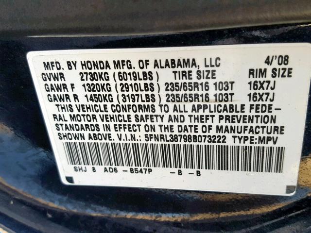 5FNRL38798B073222 - 2008 HONDA ODYSSEY EX BLUE photo 10