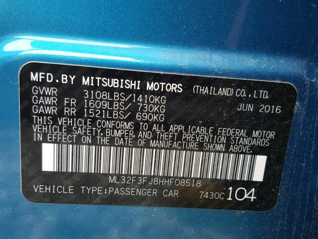 ML32F3FJ8HHF08518 - 2017 MITSUBISHI MIRAGE G4 BLUE photo 10