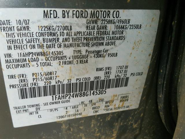 1FAHP24W88G145305 - 2008 FORD TAURUS SEL GREEN photo 10