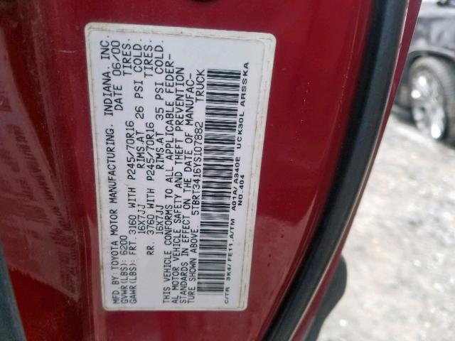 5TBRT3416YS107882 - 2000 TOYOTA TUNDRA ACC RED photo 10