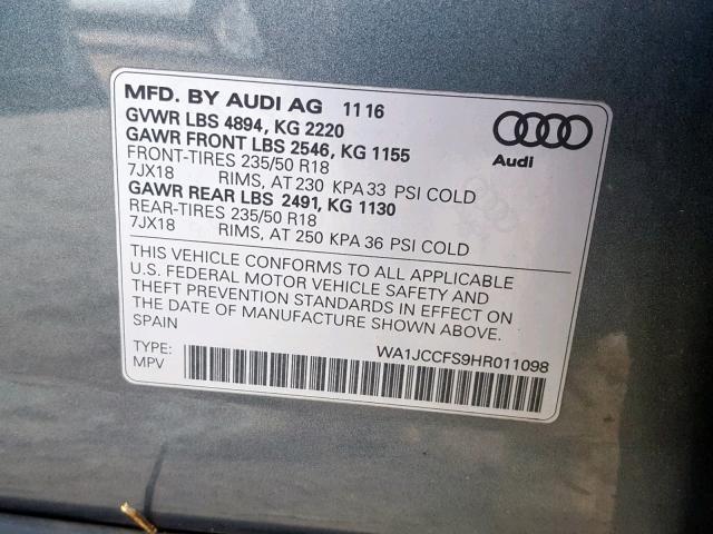 WA1JCCFS9HR011098 - 2017 AUDI Q3 PREMIUM GRAY photo 10