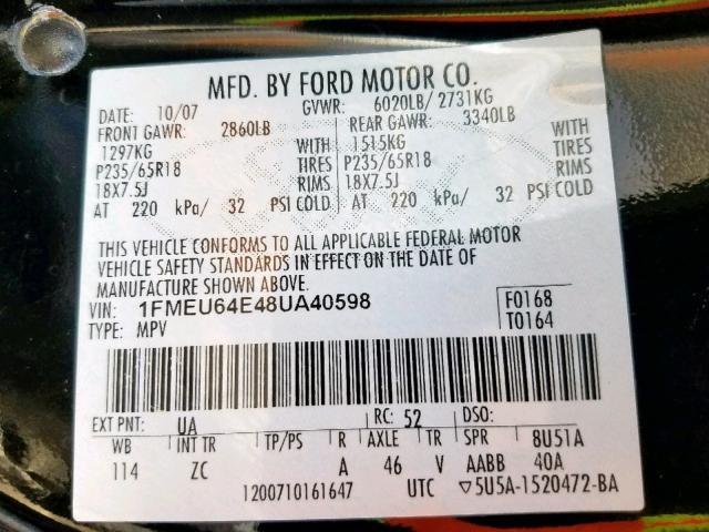 1FMEU64E48UA40598 - 2008 FORD EXPLORER E BLACK photo 10