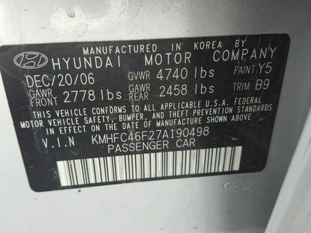 KMHFC46F27A190498 - 2007 HYUNDAI AZERA SE SILVER photo 10