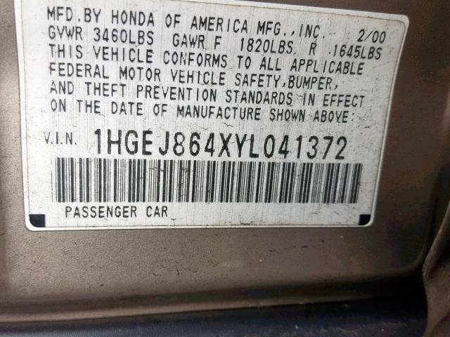 1HGEJ864XYL041372 - 2000 HONDA CIVIC EX 米色 照片 10