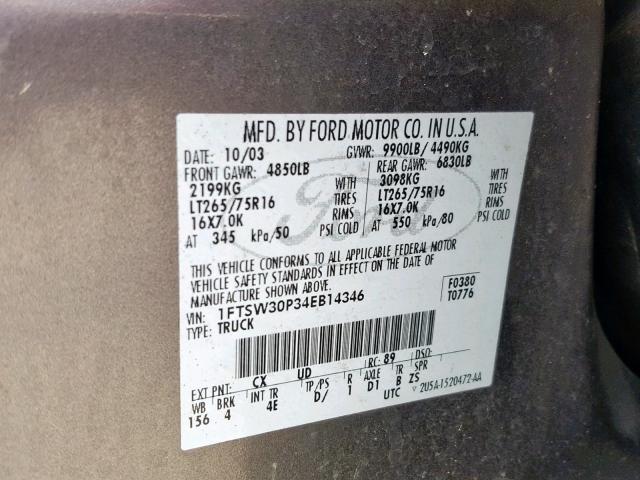 1FTSW30P34EB14346 - 2004 FORD F350 SRW S GRAY photo 10