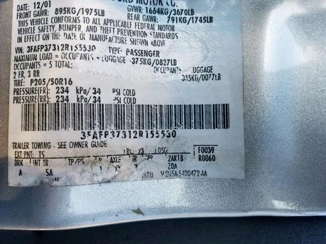 3FAFP37312R155530 - 2002 FORD FOCUS ZX5 SILVER photo 10