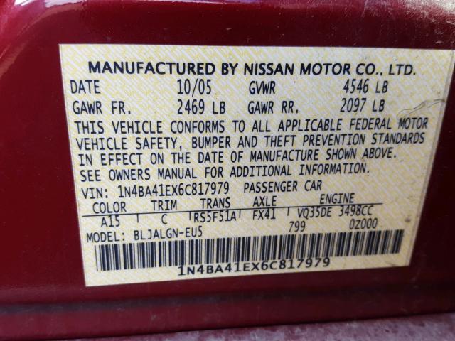 1N4BA41EX6C817979 - 2006 NISSAN MAXIMA SE RED photo 10