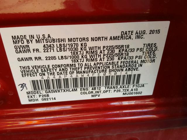 4A4AP4AW4FE050141 - 2015 MITSUBISHI OUTLANDER RED photo 10