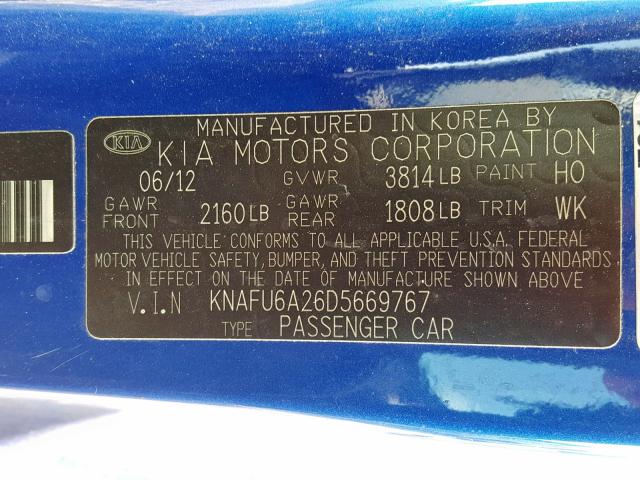 KNAFU6A26D5669767 - 2013 KIA FORTE EX BLUE photo 10