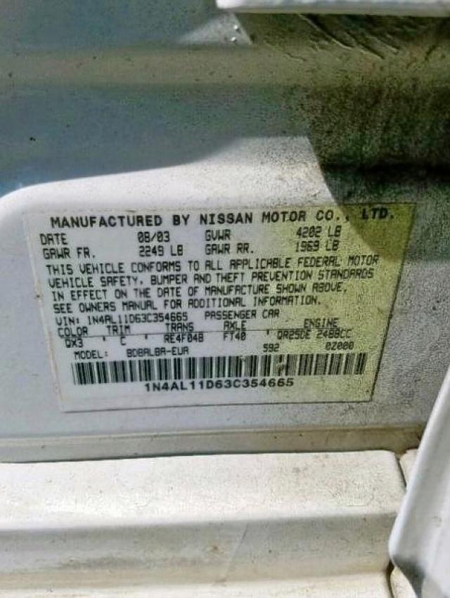 1N4AL11D63C354665 - 2003 NISSAN ALTIMA BAS WHITE photo 10