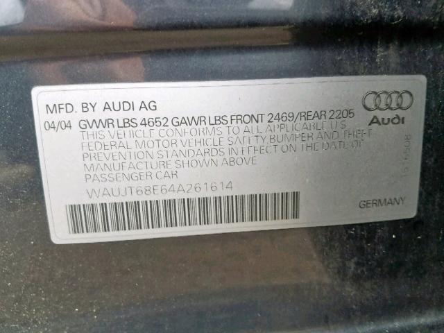 WAUJT68E64A261614 - 2004 AUDI A4 3.0 GRAY photo 10