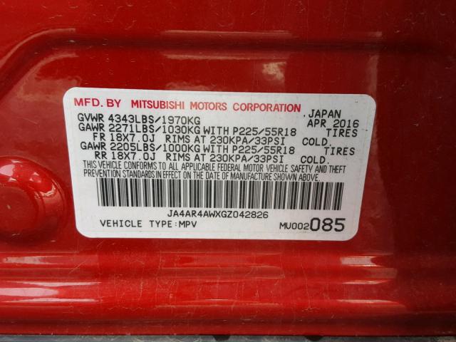 JA4AR4AWXGZ042826 - 2016 MITSUBISHI OUTLANDER RED photo 10