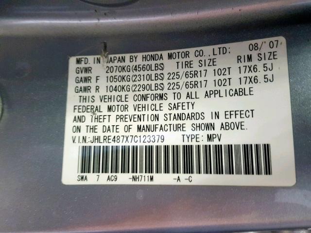 JHLRE487X7C123379 - 2007 HONDA CR-V EXL SILVER photo 10