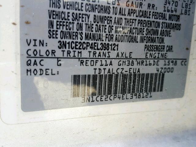 3N1CE2CP4EL398121 - 2014 NISSAN VERSA NOTE WHITE photo 10