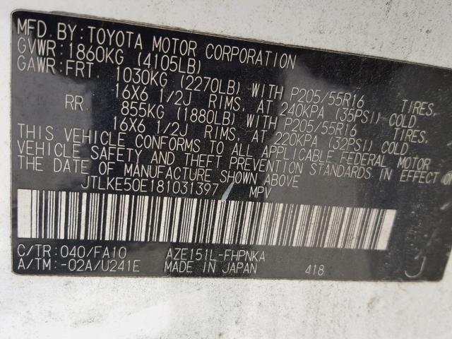 JTLKE50E181031397 - 2008 TOYOTA SCION XB თეთრი ფოტო 10