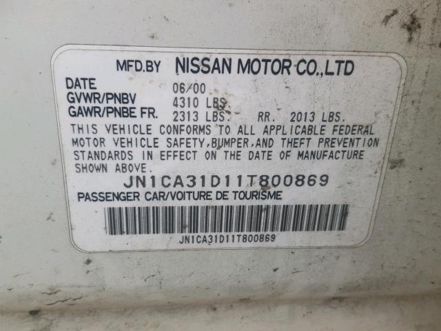 JN1CA31D11T800869 - 2001 NISSAN MAXIMA GXE WHITE photo 10