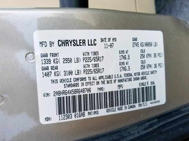 2A8HR64X58R648706 - 2008 CHRYSLER TOWN & COU TAN photo 10