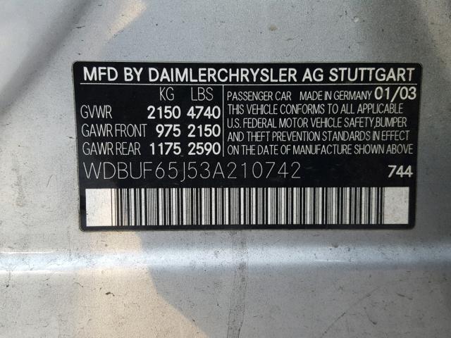 WDBUF65J53A210742 - 2003 MERCEDES-BENZ E 320 SILVER photo 10