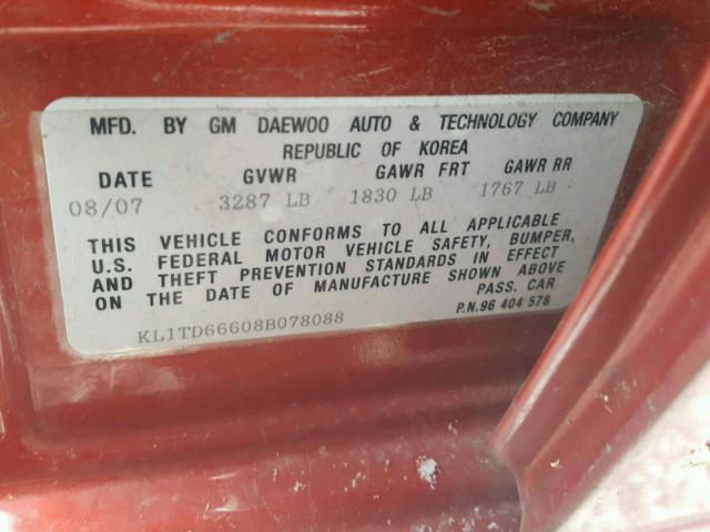 KL1TD66608B078088 - 2008 CHEVROLET AVEO BASE Bordo foto 10