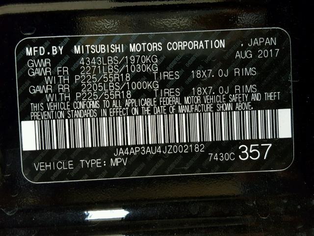 JA4AP3AU4JZ002182 - 2018 MITSUBISHI OUTLANDER BLACK photo 10