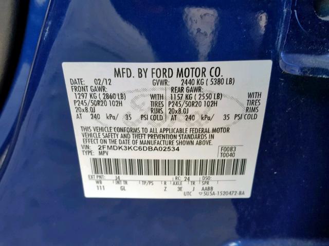 2FMDK3KC6DBA02534 - 2013 FORD EDGE LIMIT BLUE photo 10