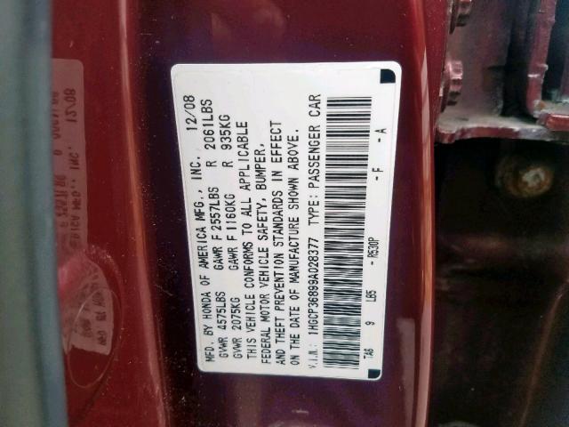 1HGCP36899A028377 - 2009 HONDA ACCORD EXL RED photo 10