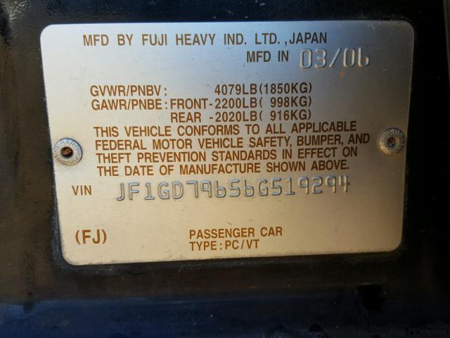 JF1GD79656G519294 - 2006 SUBARU IMPREZA WR BLACK photo 10