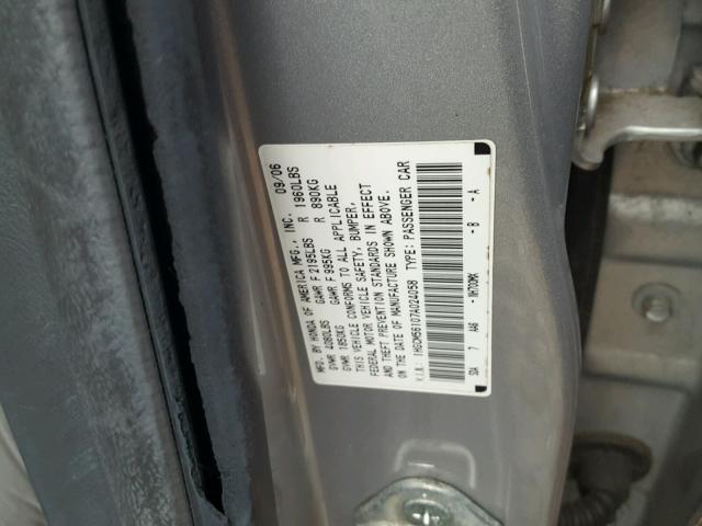 1HGCM56107A024058 - 2007 HONDA ACCORD VAL SILVER photo 10