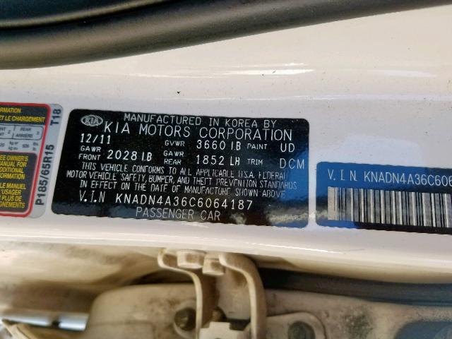 KNADN4A36C6064187 - 2012 KIA RIO EX WHITE photo 10