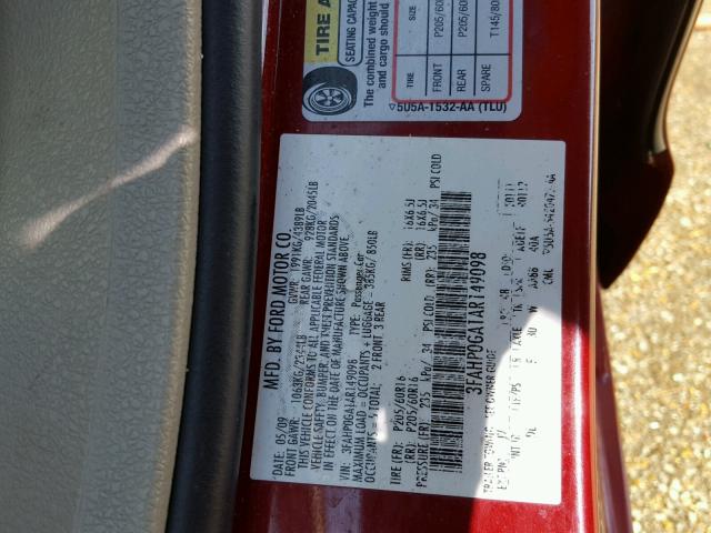 3FAHP0GA1AR149098 - 2010 FORD FUSION S RED photo 10